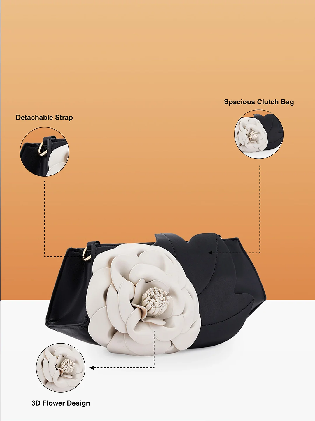 Caprese Ava Flower 3D Medium Black Clutch Bag - Image 5