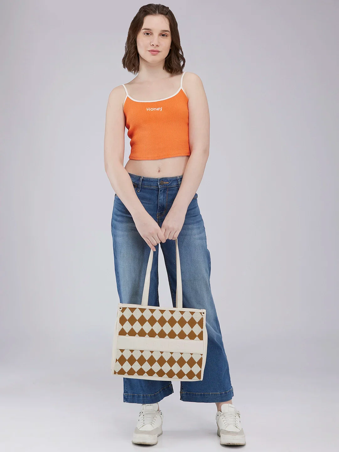 Caprese Checker Medium Cream Tote Bag - Image 2