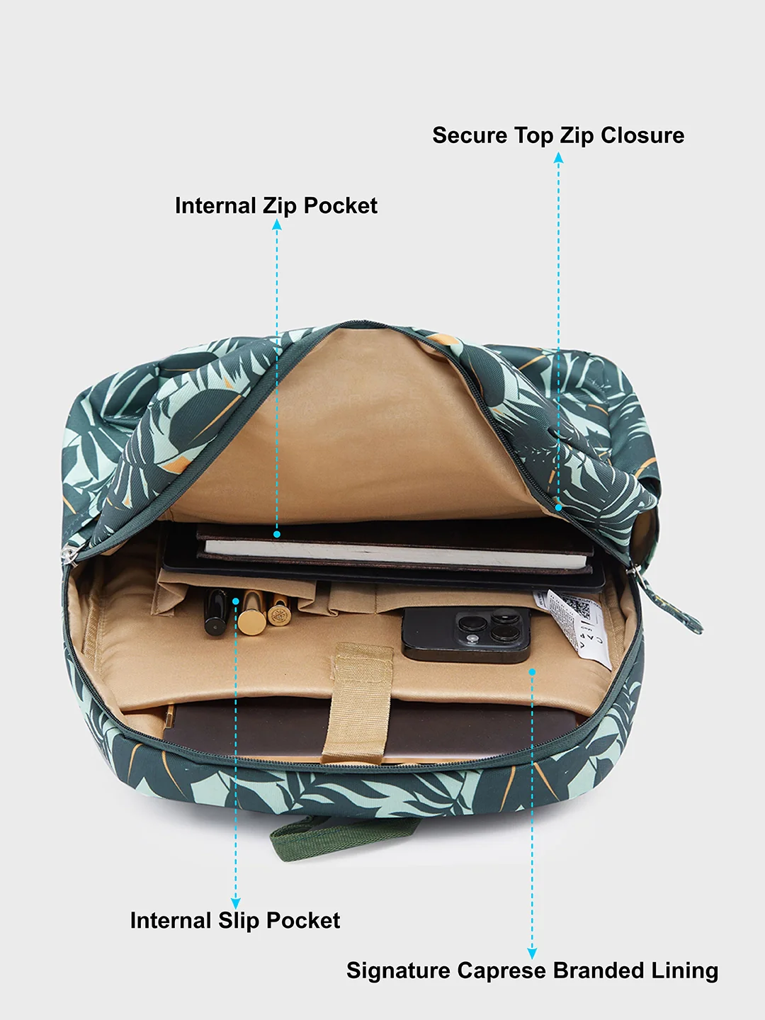 Caprese Eddy Medium Printed Green Laptop Backpack - Image 11