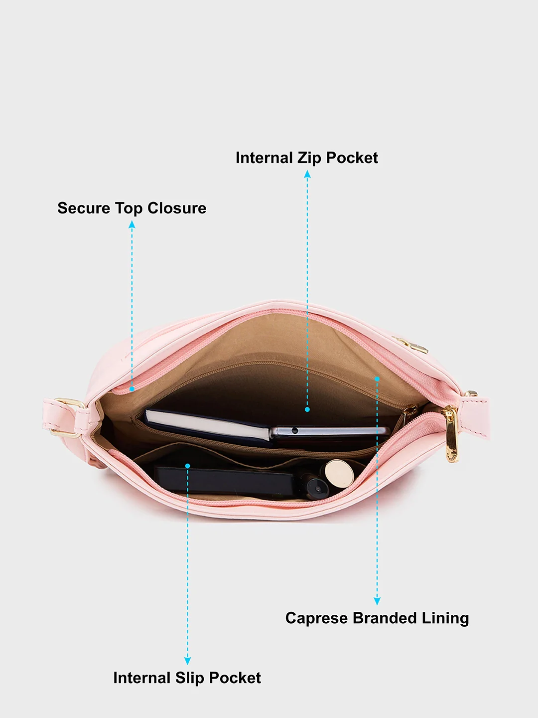 Caprese Elsy Large Powder Pink Sling Bag - Image 8