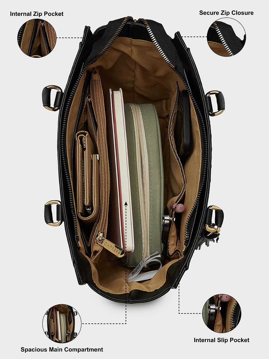 Caprese Felix Medium Black Satchel Bag - Image 5