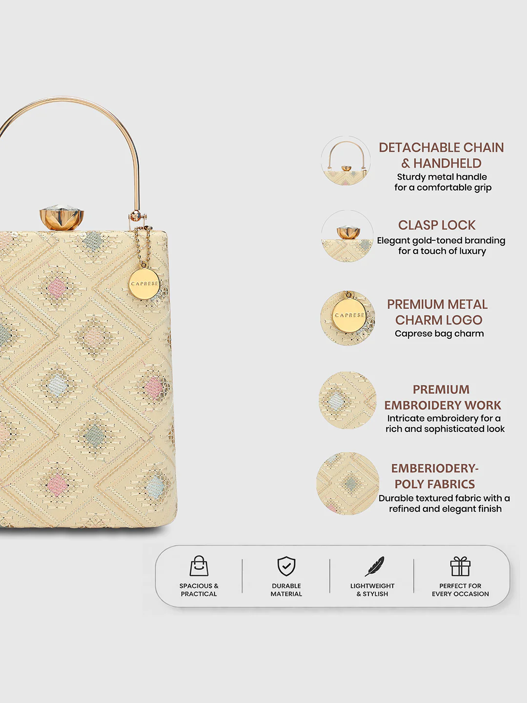 Caprese Isa Medium Cream Embroidered Clutch Bag - Image 3