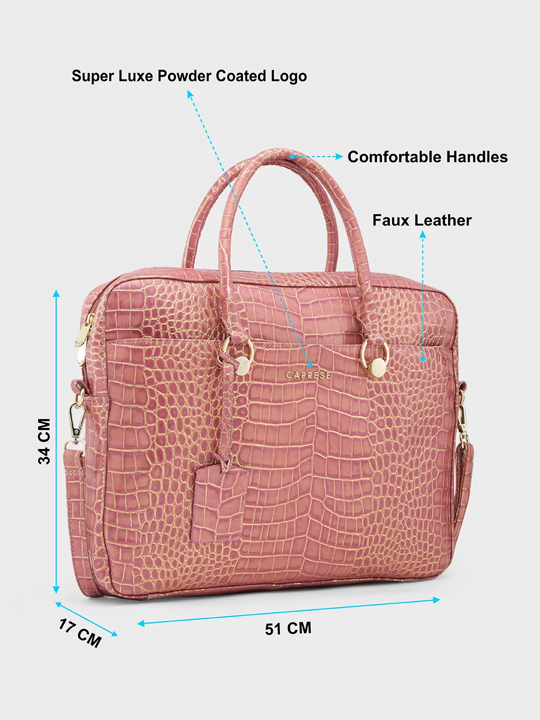 Caprese Miranda Large Pink Croco Office Laptop Bag - Image 9