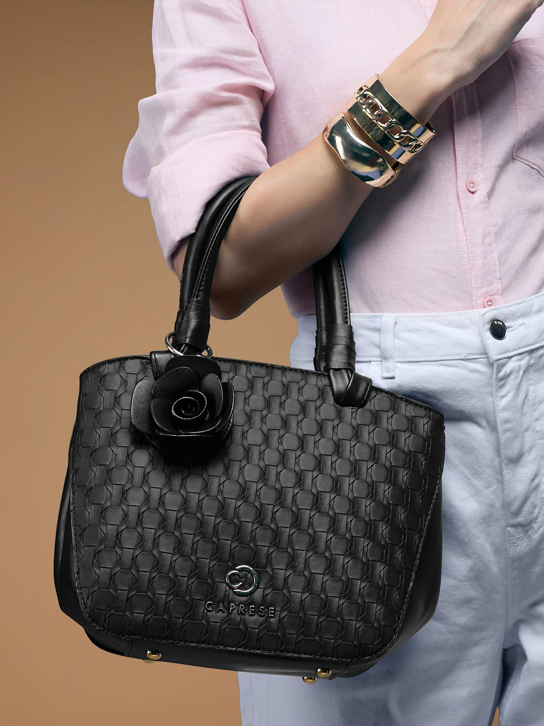 Caprese Rosa Medium Black Flower Charm Satchel Bag - Image 9