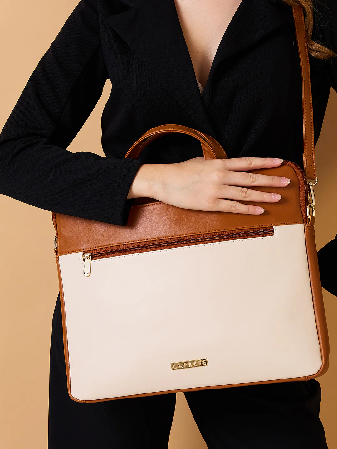 Caprese Ryma Medium Tan & Beige Laptop Bag Bag - Image 10