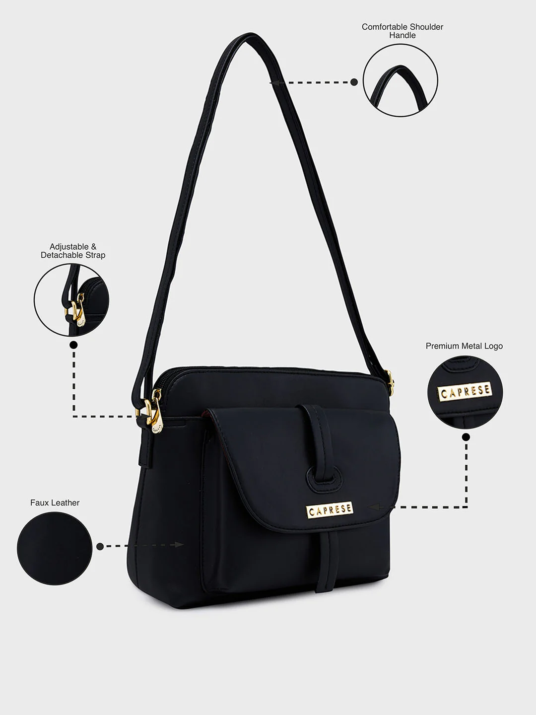 Caprese Sabreen Medium Black Sling Bag - Image 7