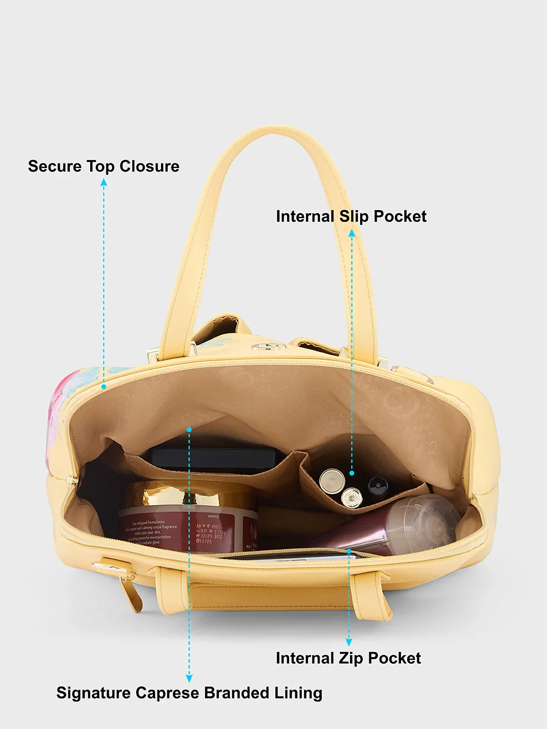 Caprese Shanaya Medium Printed Yellow Satchel Bag - Image 7