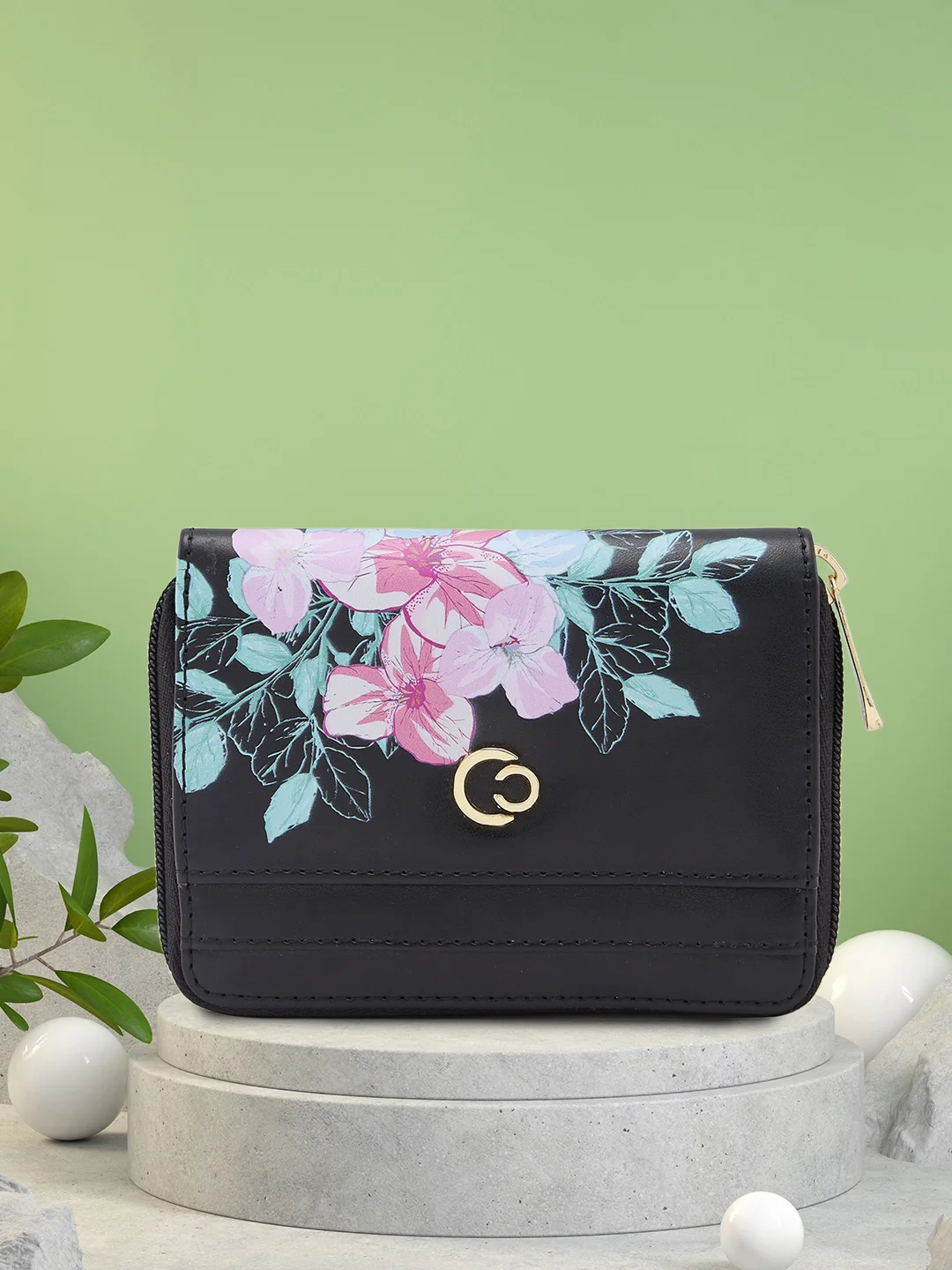 Caprese Shanaya Printed Small Black Zip Around Wallet - Image 2