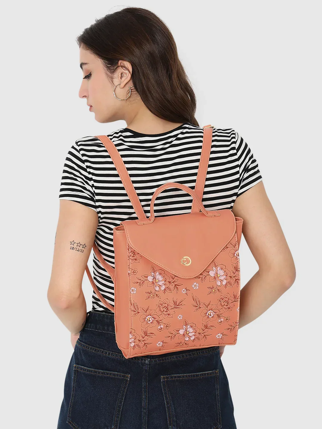 Caprese Snow Printed Medium Coral Backpack - Image 3