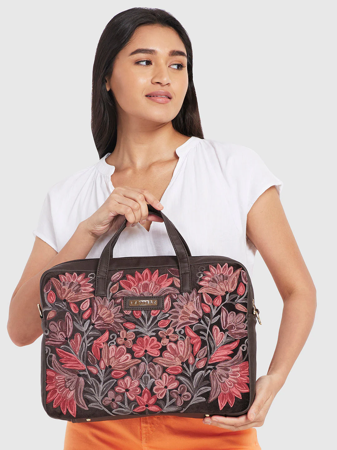 Caprese Tresna Embroidery Brown Laptop Tote - Image 11