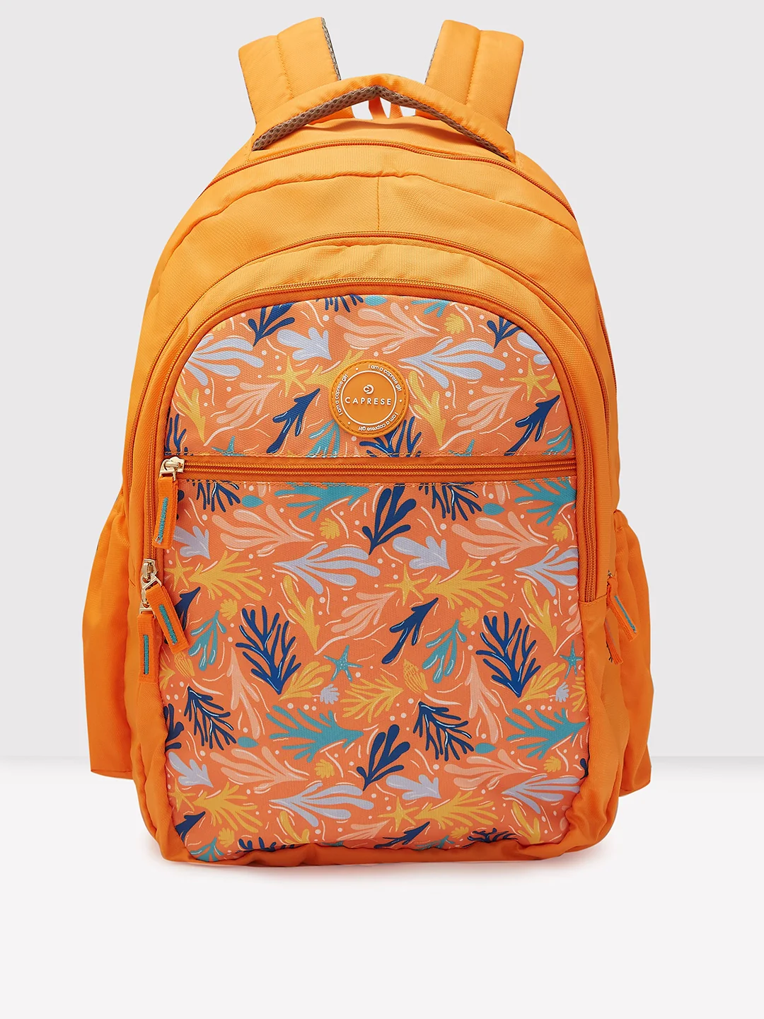 Caprese Xenia Large Printed Orange Laptop Backpack